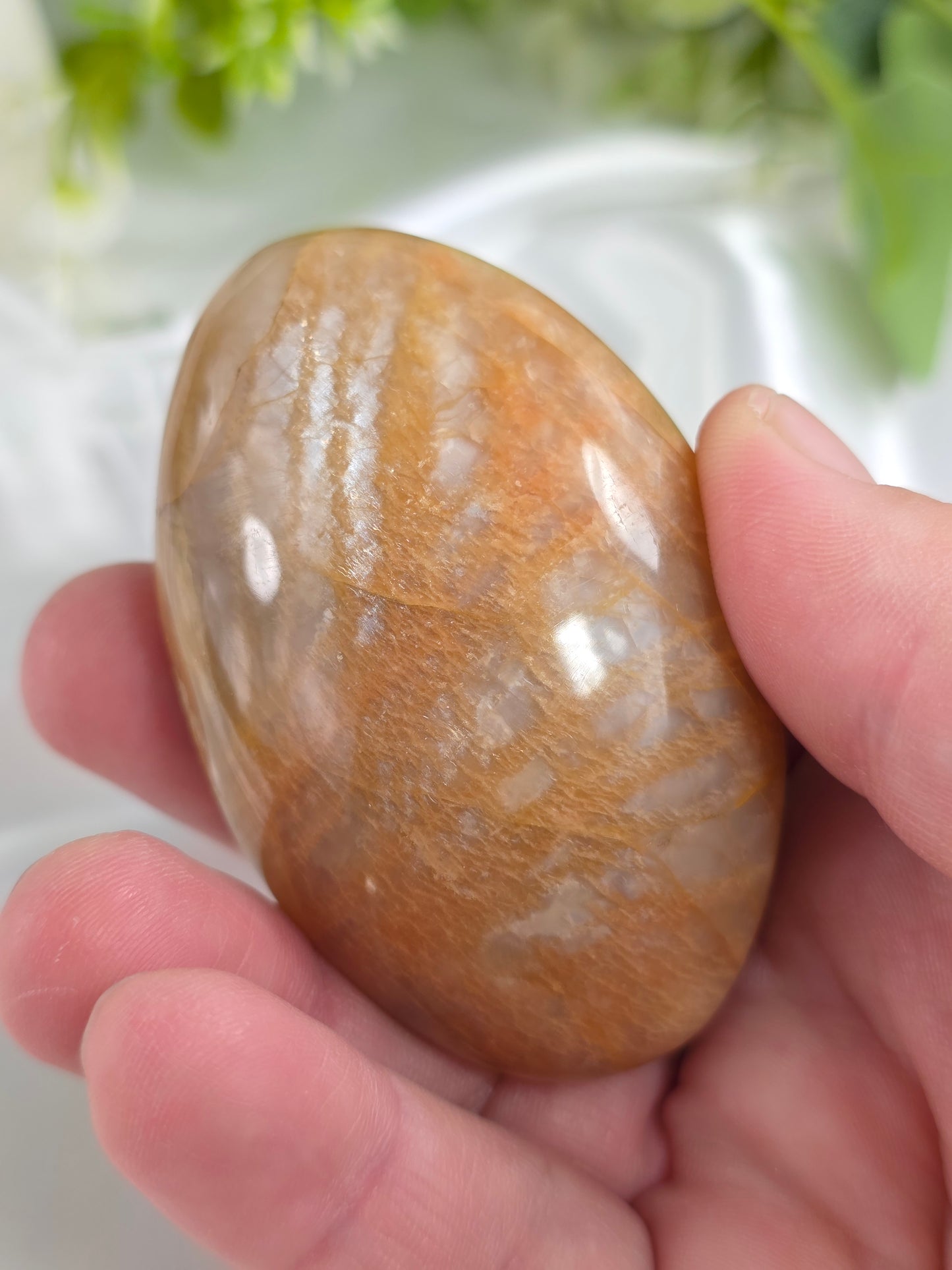 Peach Moonstone Palm Stone #R2 – Comfort, Feminine Energy and Emotional Healing
