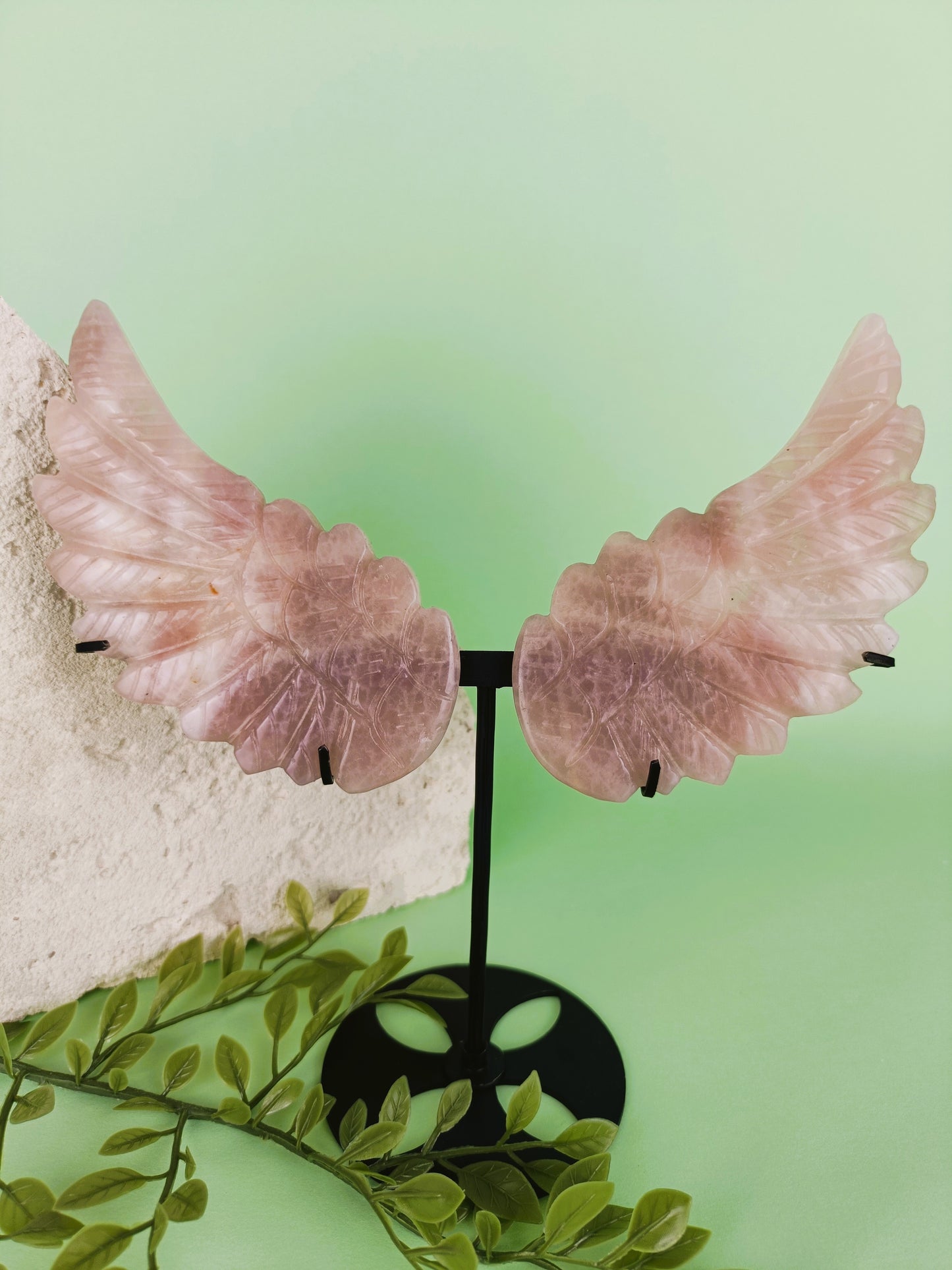 Rose Quartz Angel Wings on Stand #173 – Love, Comfort and Angelic Support