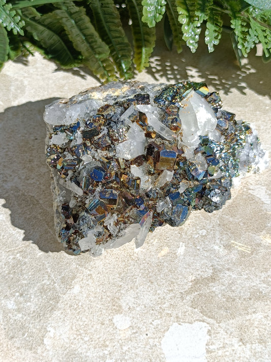 Rainbow Pyrite and Clear Quartz Cluster #324 – Radiance, Manifestation and Magnetic Energy