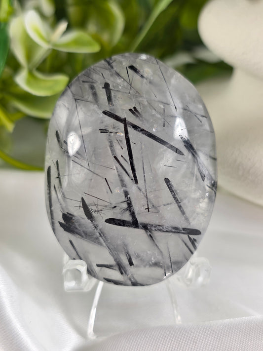 Tourmalinated Quartz Palm Stone #F6 – Crystal for Protection, Grounding & Mental Clarity | Root & Crown Chakra Stone