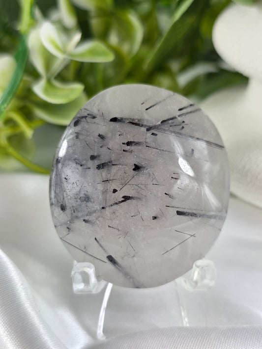 Tourmalinated Quartz Palm Stone #G3 – Crystal for Protection, Grounding & Mental Clarity | Root & Crown Chakra Stone