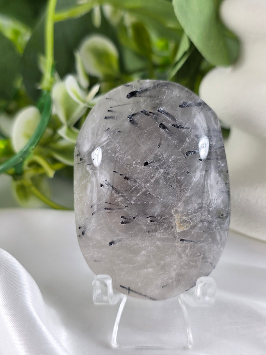 Tourmalinated Quartz Palm Stone #F2 – Crystal for Protection, Grounding & Mental Clarity | Root & Crown Chakra Stone