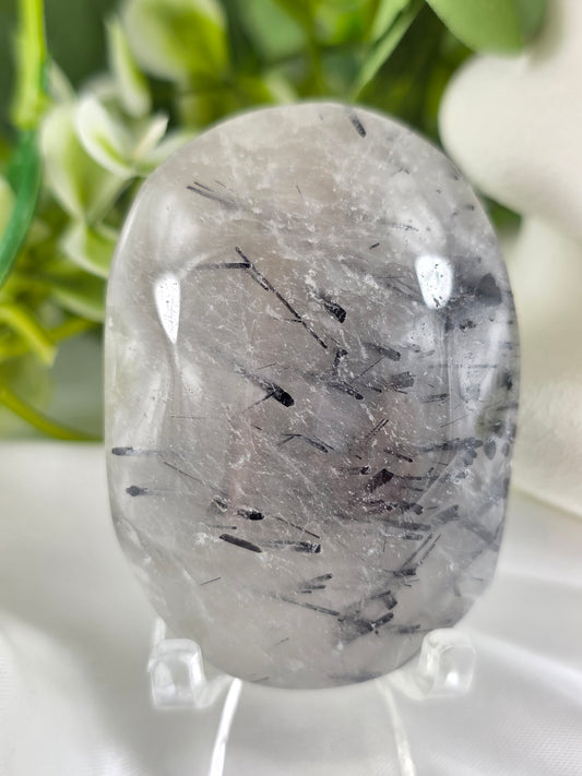 Tourmalinated Quartz Palm Stone #F2 – Crystal for Protection, Grounding & Mental Clarity | Root & Crown Chakra Stone