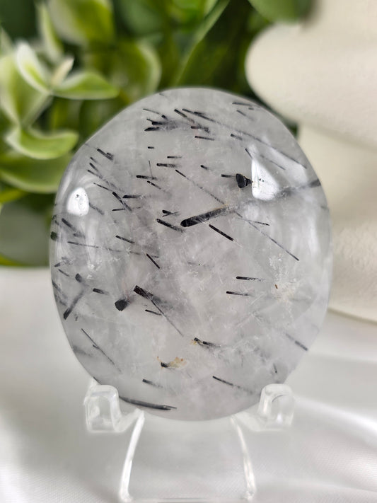 Tourmalinated Quartz Palm Stone #F9 – Crystal for Protection, Grounding & Mental Clarity | Root & Crown Chakra Stone