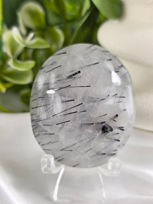 Tourmalinated Quartz Palm Stone #F9 – Crystal for Protection, Grounding & Mental Clarity | Root & Crown Chakra Stone