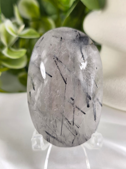 Tourmalinated Quartz Palm Stone #G1 – Crystal for Protection, Grounding & Mental Clarity | Root & Crown Chakra Stone
