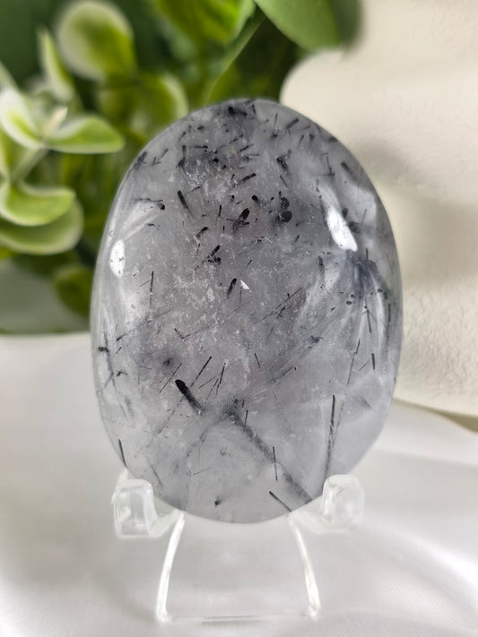 Tourmalinated Quartz Palm Stone #G4 – Crystal for Protection, Grounding & Mental Clarity | Root & Crown Chakra Stone