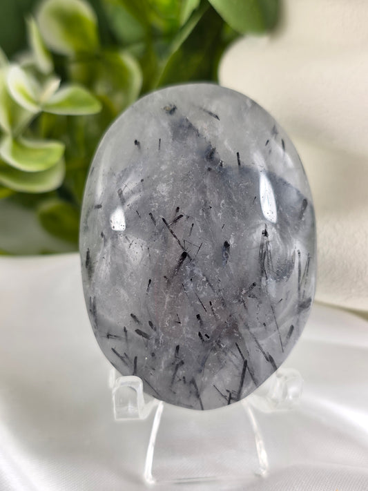 Tourmalinated Quartz Palm Stone #G4 – Crystal for Protection, Grounding & Mental Clarity | Root & Crown Chakra Stone