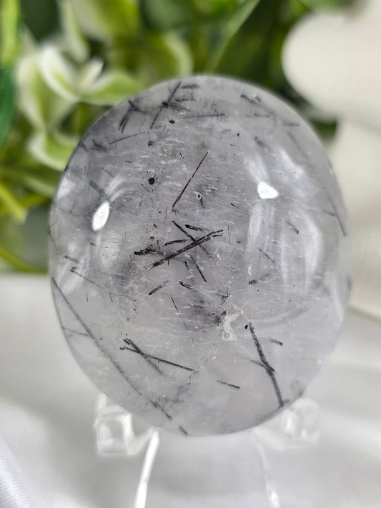 Tourmalinated Quartz Palm Stone #F5 – Crystal for Protection, Grounding & Mental Clarity | Root & Crown Chakra Stone