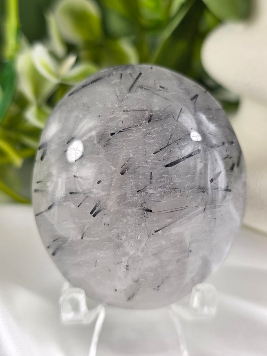 Tourmalinated Quartz Palm Stone #F5 – Crystal for Protection, Grounding & Mental Clarity | Root & Crown Chakra Stone