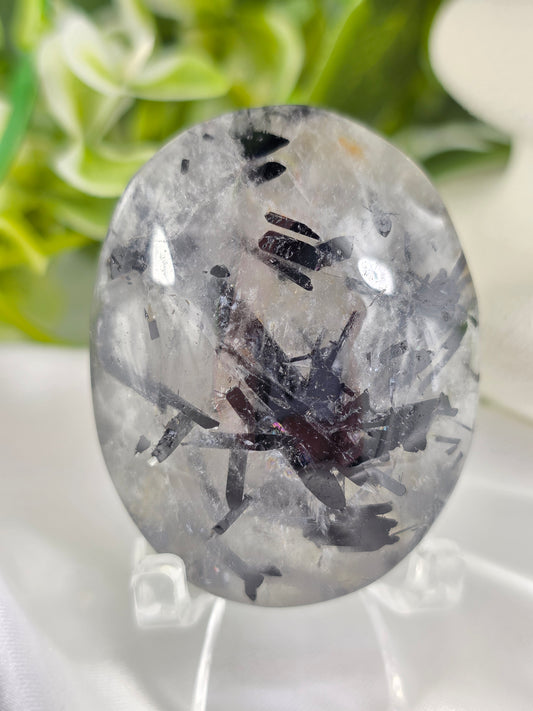 Tourmalinated Quartz Palm Stone #E10 – Crystal for Protection, Grounding & Mental Clarity | Root & Crown Chakra Stone
