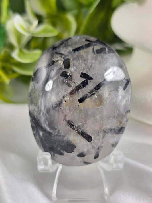 Tourmalinated Quartz Palm Stone #E10 – Crystal for Protection, Grounding & Mental Clarity | Root & Crown Chakra Stone