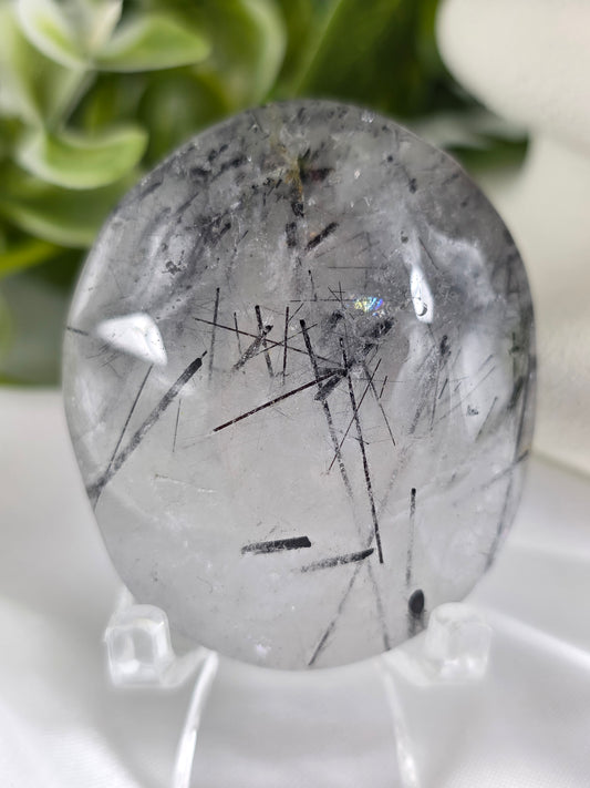 Tourmalinated Quartz Palm Stone #G2 – Crystal for Protection, Grounding & Mental Clarity | Root & Crown Chakra Stone