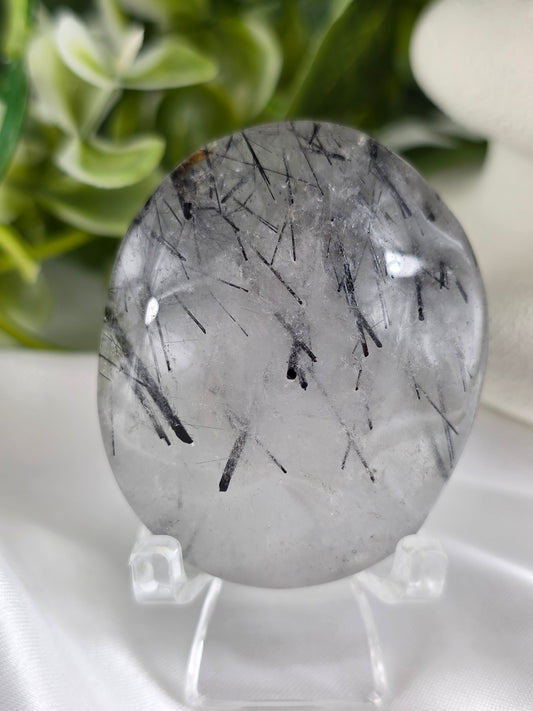 Tourmalinated Quartz Palm Stone #G2 – Crystal for Protection, Grounding & Mental Clarity | Root & Crown Chakra Stone