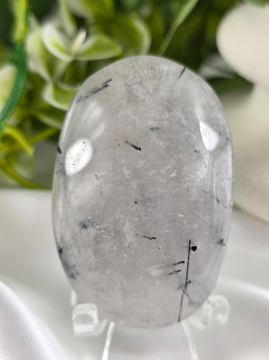 Tourmalinated Quartz Palm Stone # G6 – Crystal for Protection, Grounding & Mental Clarity | Root & Crown Chakra Stone