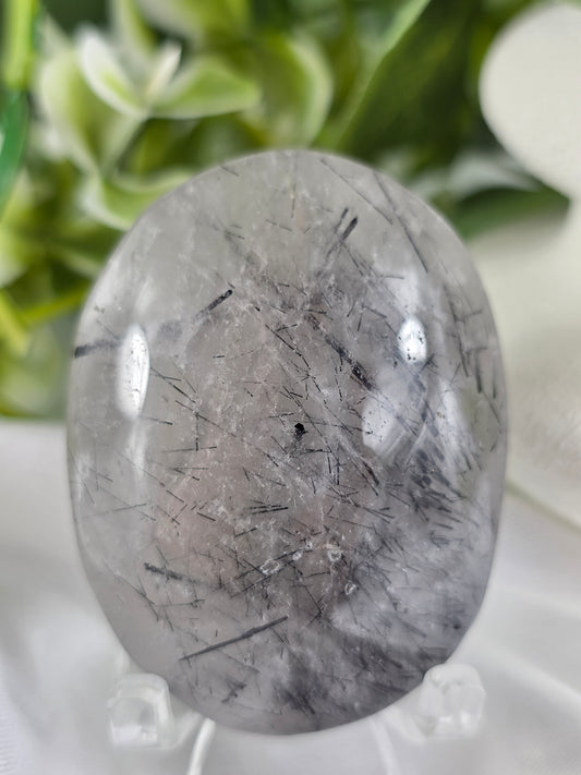 Tourmalinated Quartz Palm Stone #F1 – Crystal for Protection, Grounding & Mental Clarity | Root & Crown Chakra Stone