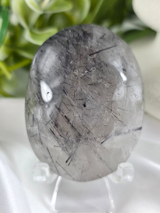 Tourmalinated Quartz Palm Stone #F1 – Crystal for Protection, Grounding & Mental Clarity | Root & Crown Chakra Stone