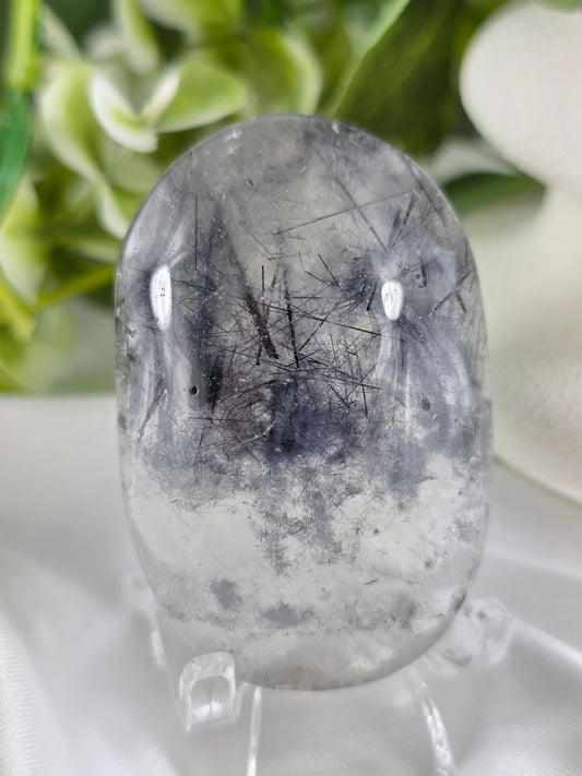 Tourmalinated Quartz Palm Stone #F8 – Crystal for Protection, Grounding & Mental Clarity | Root & Crown Chakra Stone
