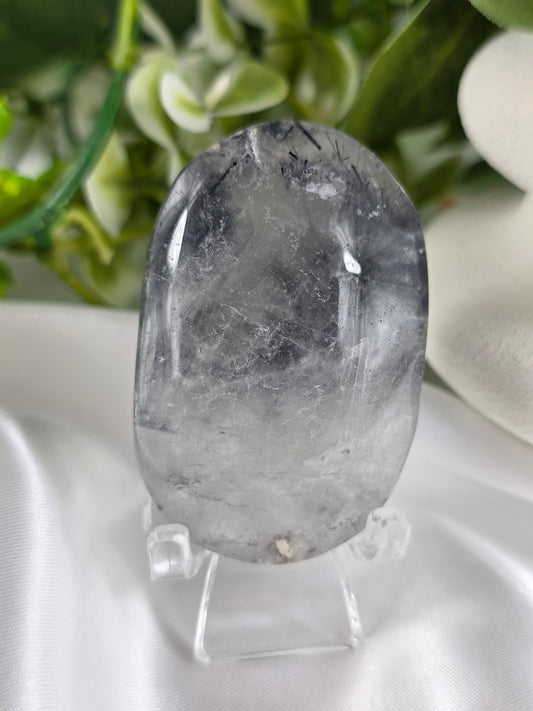 Tourmalinated Quartz Palm Stone #F8 – Crystal for Protection, Grounding & Mental Clarity | Root & Crown Chakra Stone