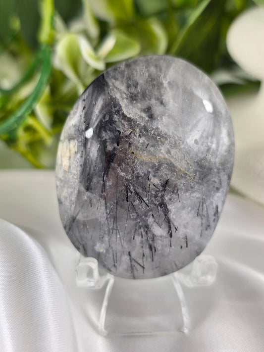 Tourmalinated Quartz Palm Stone #F4 – Crystal for Protection, Grounding & Mental Clarity | Root & Crown Chakra Stone