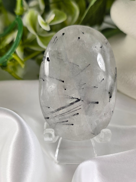 Tourmalinated Quartz Palm Stone #G5 – Crystal for Protection, Grounding & Mental Clarity | Root & Crown Chakra Stone