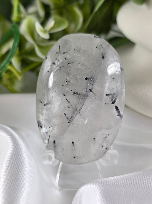 Tourmalinated Quartz Palm Stone #G5 – Crystal for Protection, Grounding & Mental Clarity | Root & Crown Chakra Stone