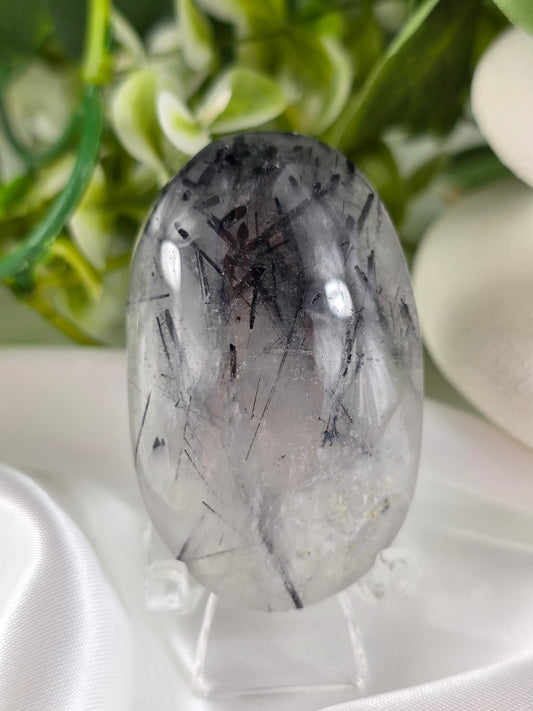Tourmalinated Quartz Palm Stone #E9 Crystal for Protection, Grounding & Mental Clarity | Root & Crown Chakra Stone