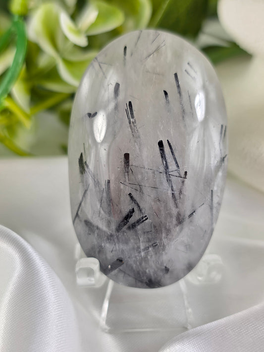 Tourmalinated Quartz Palm Stone #E9 Crystal for Protection, Grounding & Mental Clarity | Root & Crown Chakra Stone