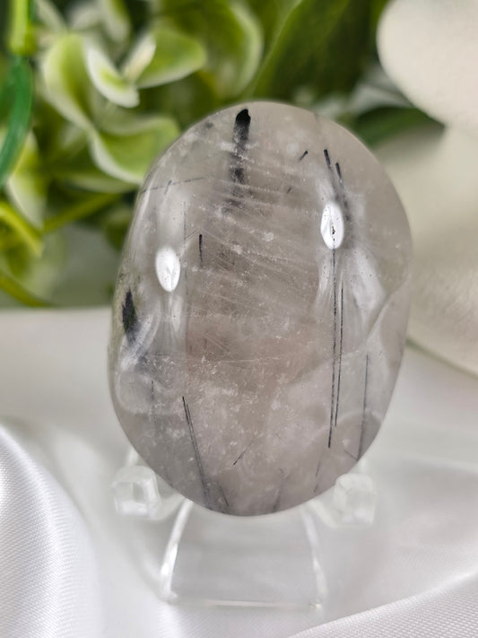 Tourmalinated Quartz Palm Stone #F7 – Crystal for Protection, Grounding & Mental Clarity | Root & Crown Chakra Stone