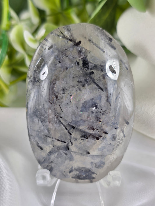 Tourmalinated Quartz Palm Stone #F10 – Crystal for Protection, Grounding & Mental Clarity | Root & Crown Chakra Stone