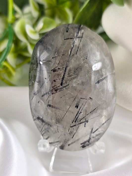 Tourmalinated Quartz Palm Stone #F10 – Crystal for Protection, Grounding & Mental Clarity | Root & Crown Chakra Stone