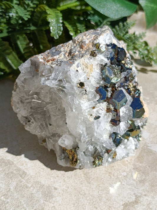 Rainbow Pyrite and Clear Quartz Cluster #336
