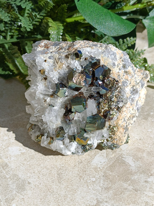 Rainbow Pyrite and Clear Quartz Cluster #336