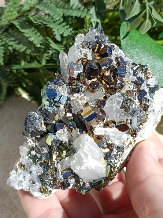 Rainbow Pyrite and Clear Quartz Cluster #324