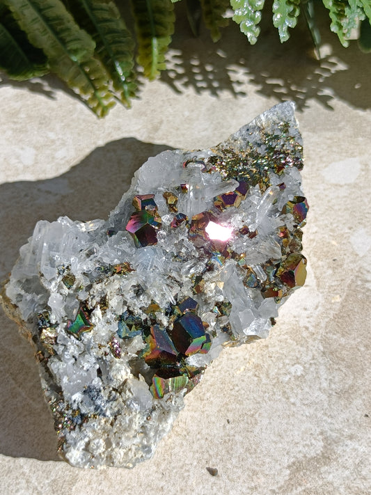 Rainbow Pyrite and Clear Quartz Cluster #334