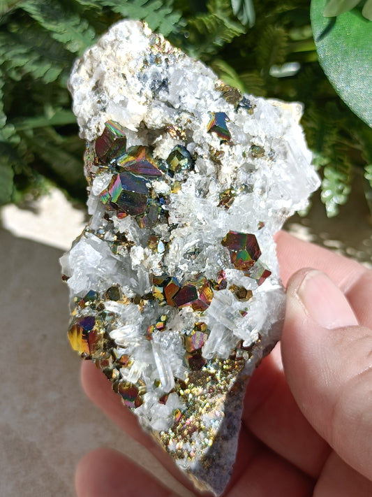 Rainbow Pyrite and Clear Quartz Cluster #334