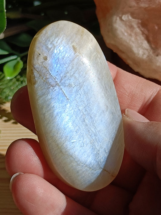 Moonstone Palm Stone #D1 – Crystal for Intuition, Emotional Balance & New Beginnings | Third Eye & Crown Chakra Stone